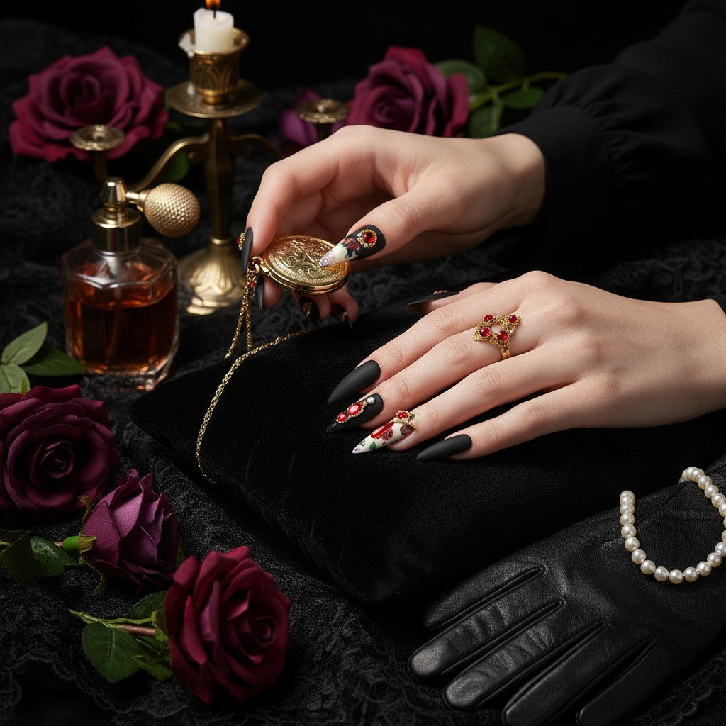 Auntie Cookies Nails: Almond-shaped press-on nails with black matte finish, floral print, red gems, pearls, and gold accents.