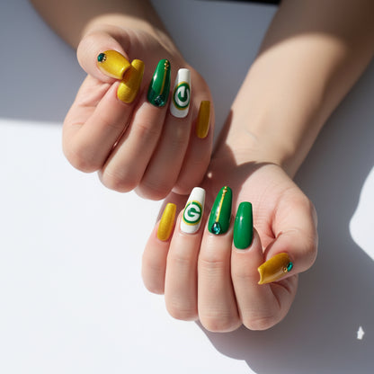 Game Day Green & Gold Press On Nails