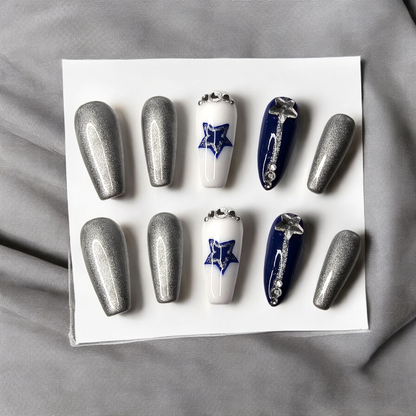 Texas Silver & Blue Press On Nails