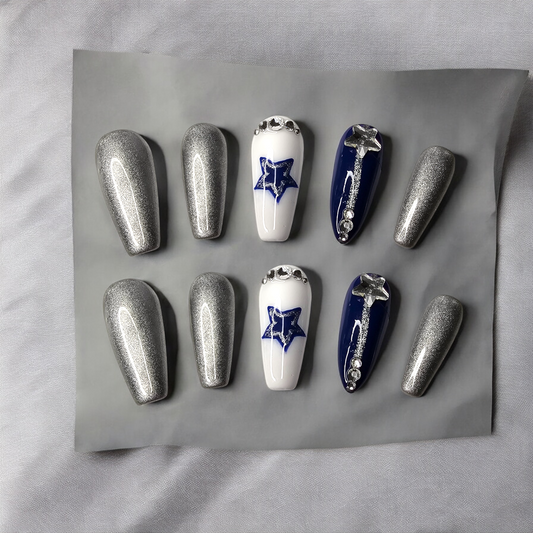 Texas Silver & Blue Press On Nails