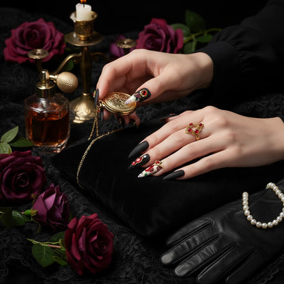 Auntie Cookies Nails: Almond-shaped press-on nails with black matte finish, floral print, red gems, pearls, and gold accents.