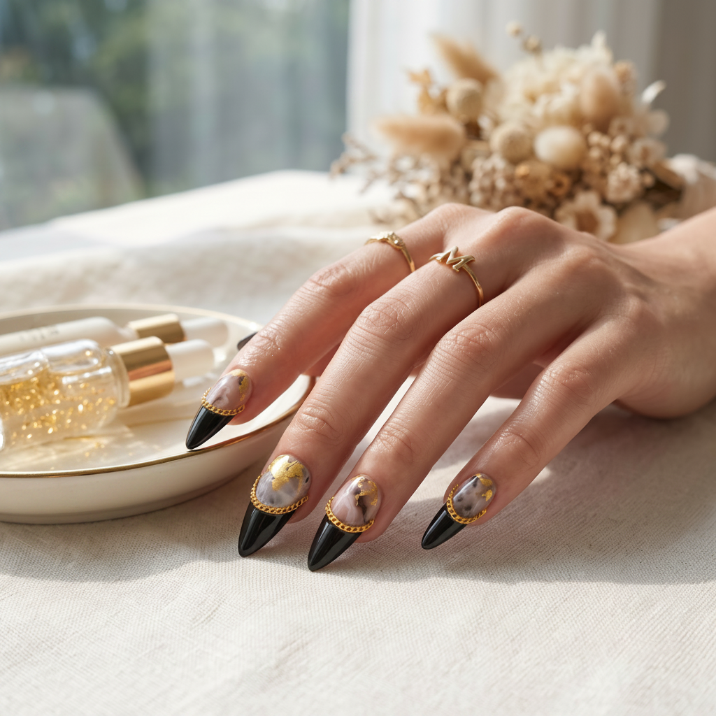 Auntie Cookies Nails almond-stiletto press-on nails with black marble, gold leaf, and metallic chain accents on a hand.
