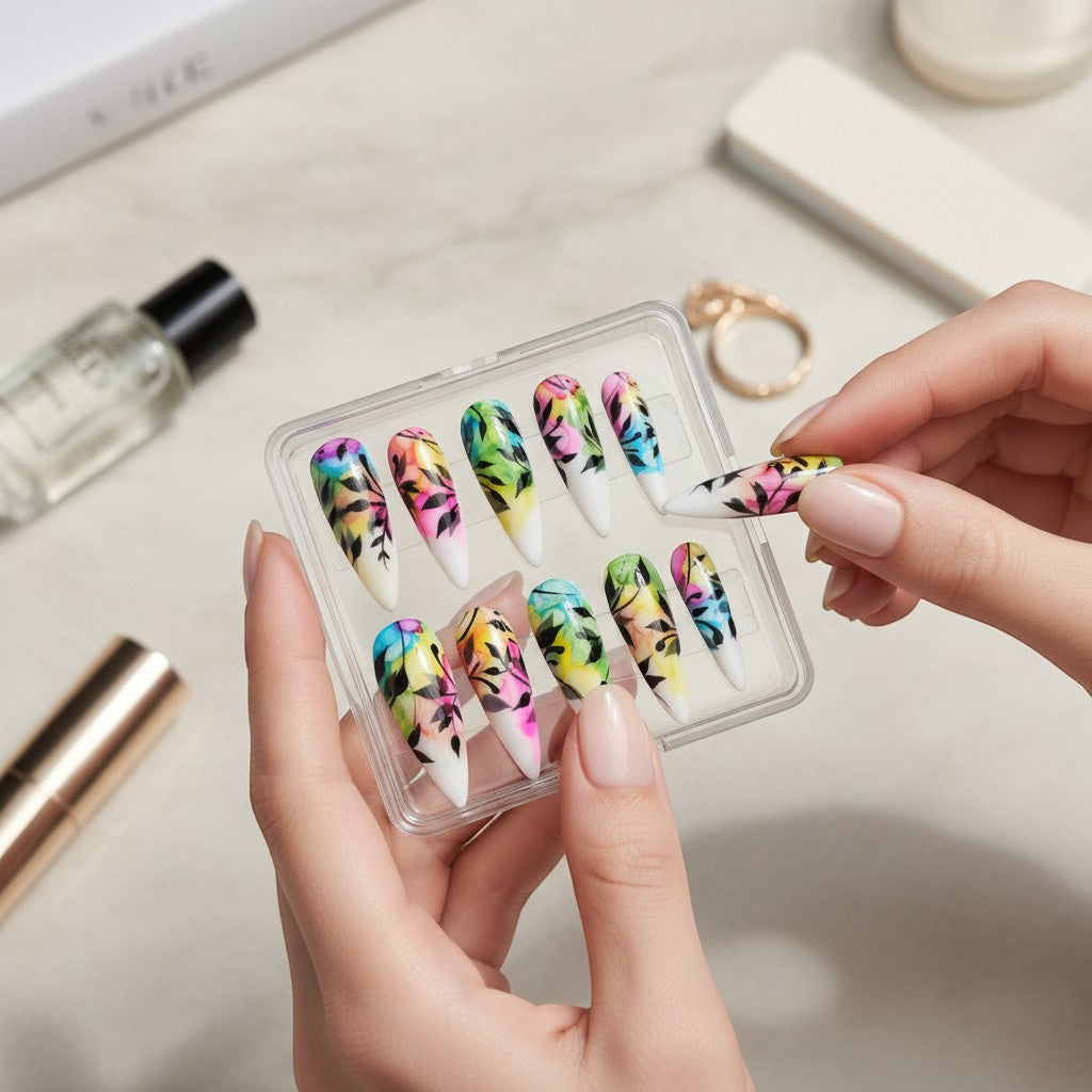 Auntie Cookies Nails: Almond-shaped press-on nails with a watercolor botanical design in pink, yellow, green, and blue with black foliage.
