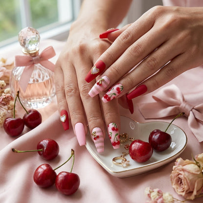 Auntie Cookies Nails: Coffin press-on nails with cherry, heart, and stripe designs in red, pink, and matte finishes.