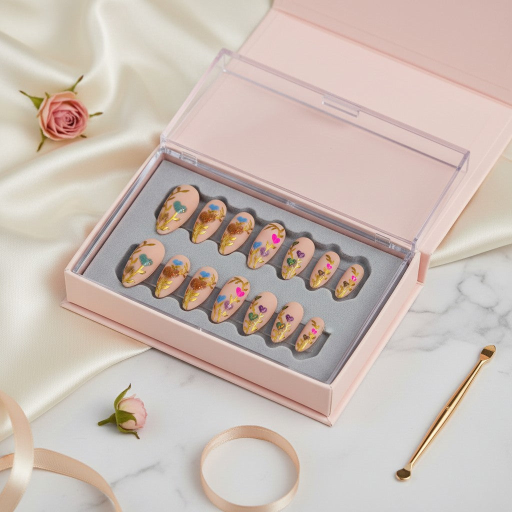 Auntie Cookies Nails: Set of 10 nude press-on nails with gold vine design and heart-shaped tips in pink, blue, purple, and green.