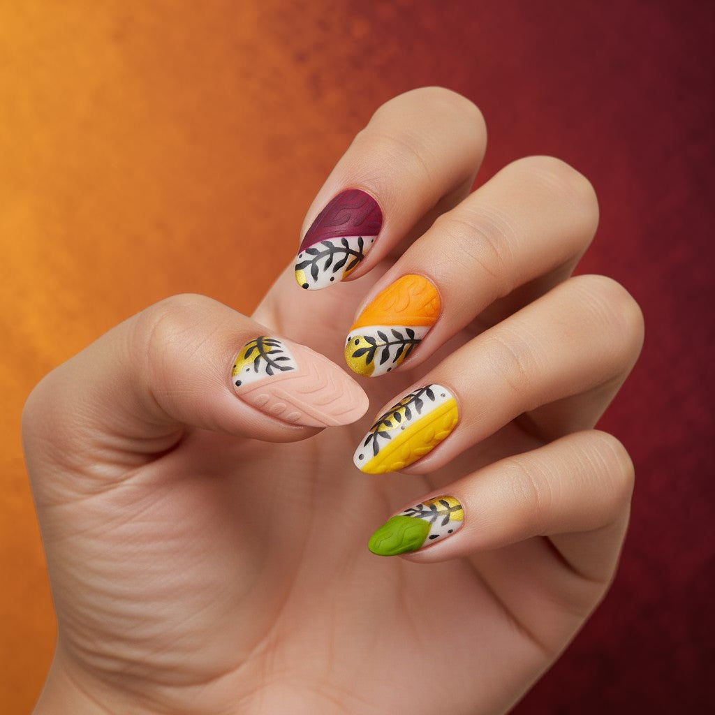Auntie Cookies Nails: Set of 10 press-on nails in various designs including cable knit texture, floral leaf patterns, and color blocking in pink, burgundy, orange, yellow, and green.