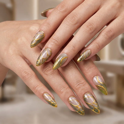 Auntie Cookies Nails Forest Fairy press-on nails with green ombre and gold metallic wing-like detailing.