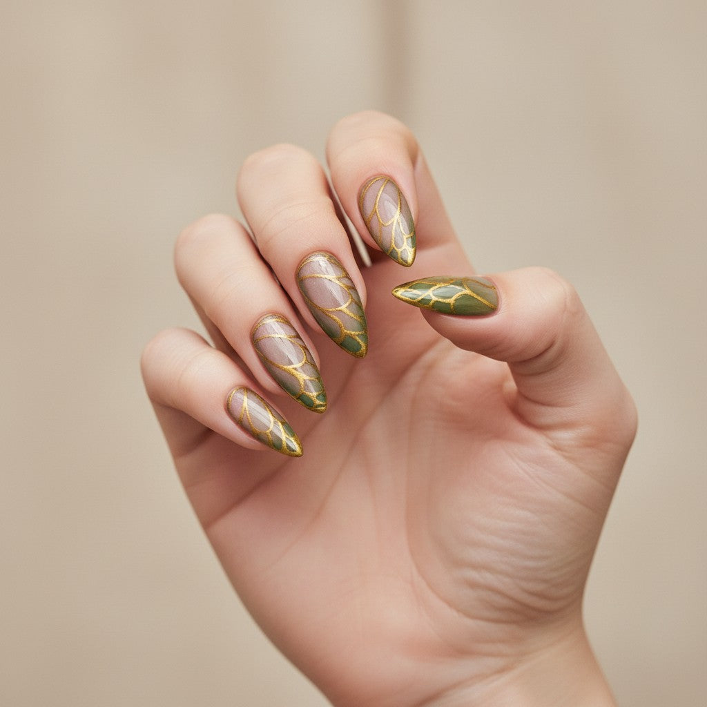 Auntie Cookies Nails Forest Fairy press on nails with green and gold wing patterns on almond shaped nails