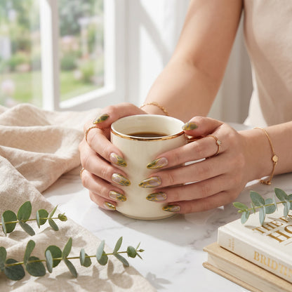 Auntie Cookies Nails Forest Fairy press on nails with green marble patterns and gold accents held around a coffee mug.