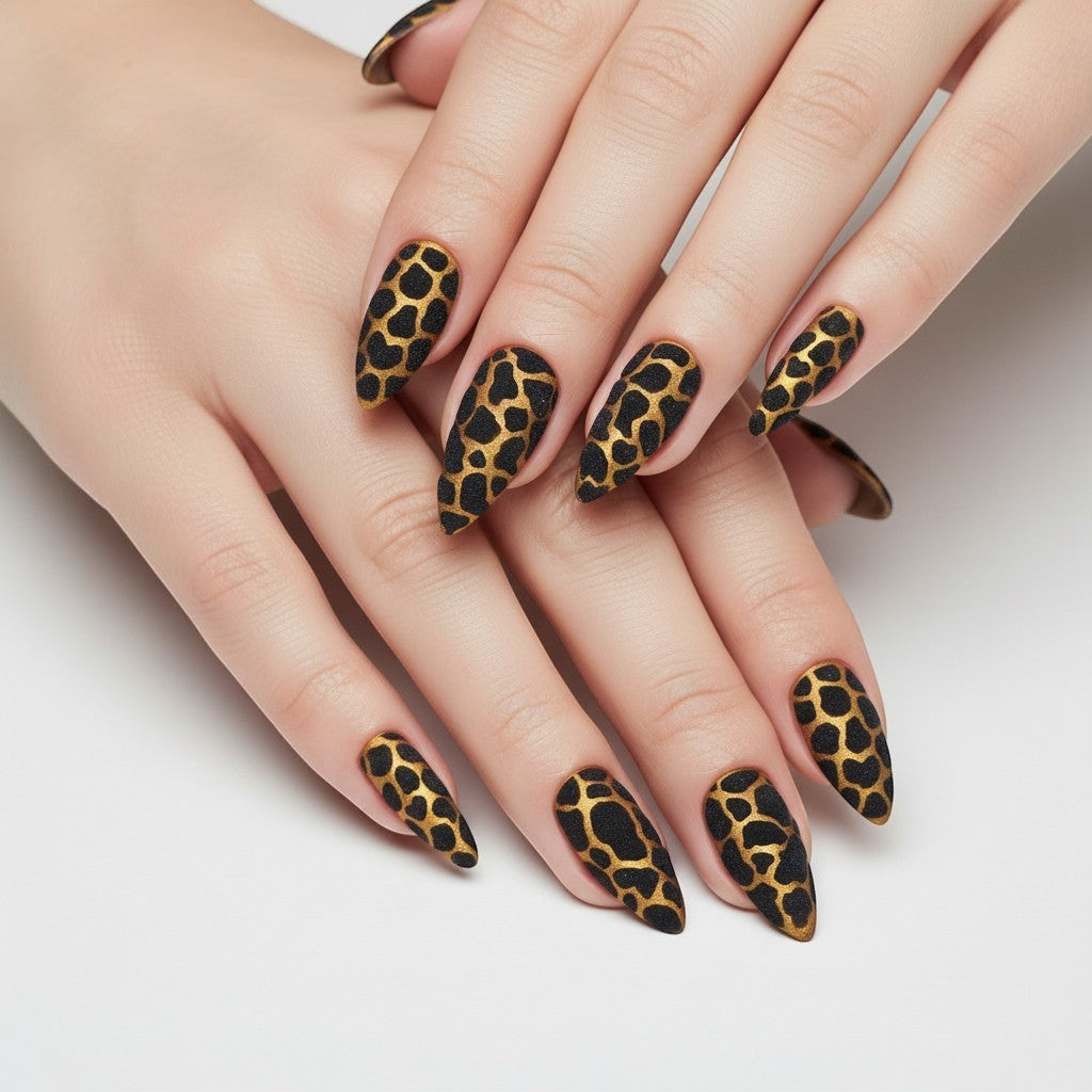 Auntie Cookies Nails stiletto press on nails with black giraffe print and gold glitter finish.