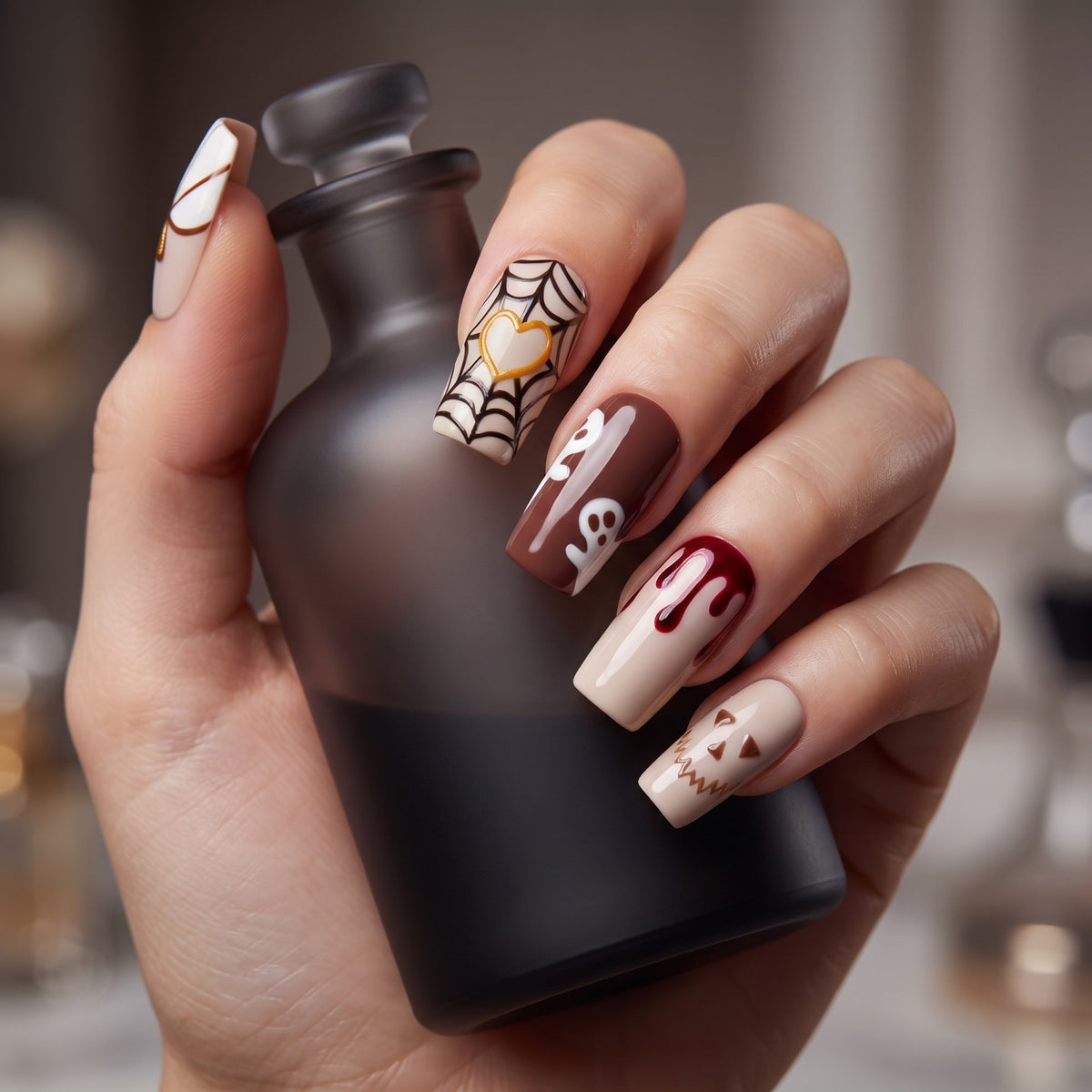 Auntie Cookies Nails Pumpkin Spice & Everything Fright press-on nails with ghost, spider web, and pumpkin designs.