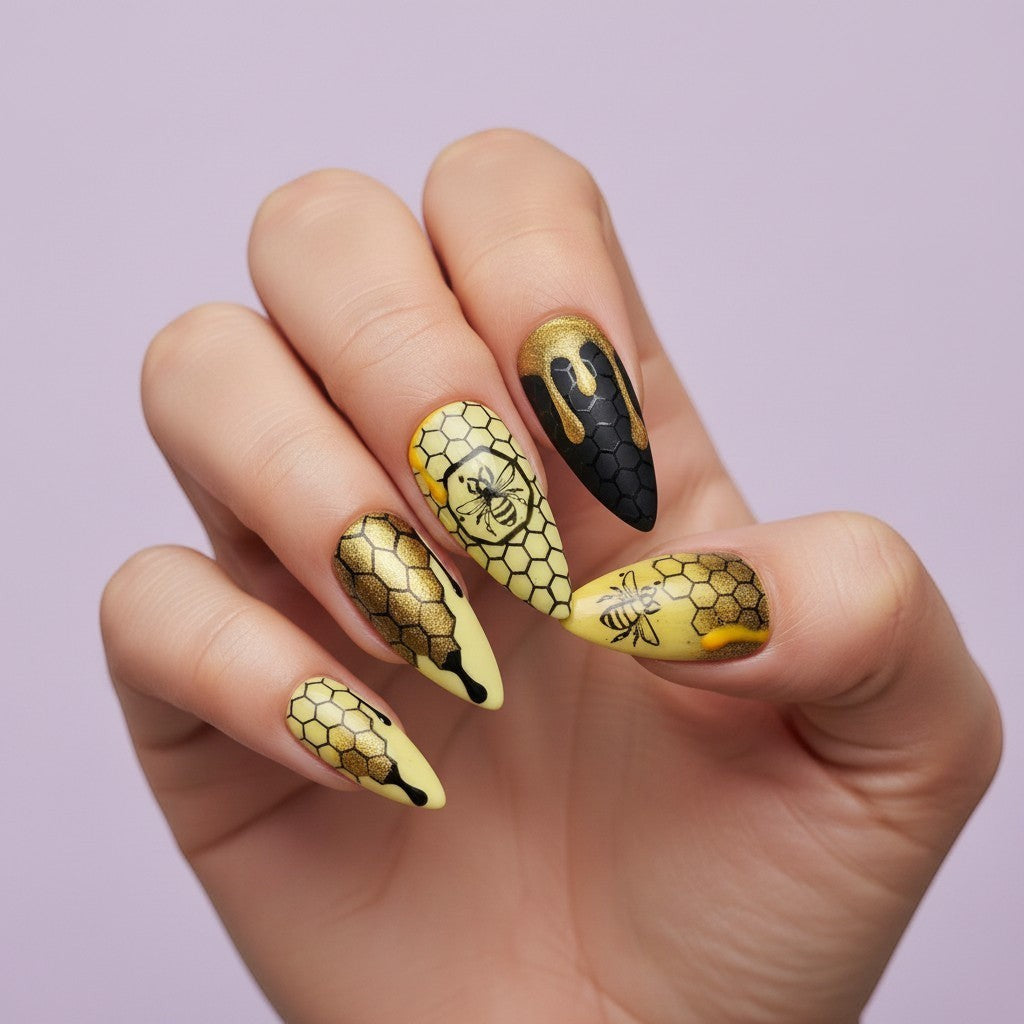 Auntie Cookies Nails: Almond-shaped press-on nails with yellow, black, and gold honeycomb, bee, and dripping honey designs.