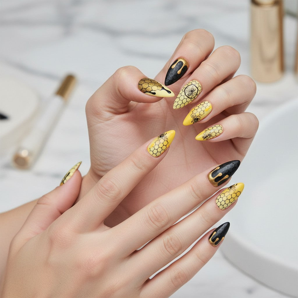 Auntie Cookies Nails: Set of 10 yellow and black stiletto press-on nails with honeycomb, bee, and dripping honey designs.