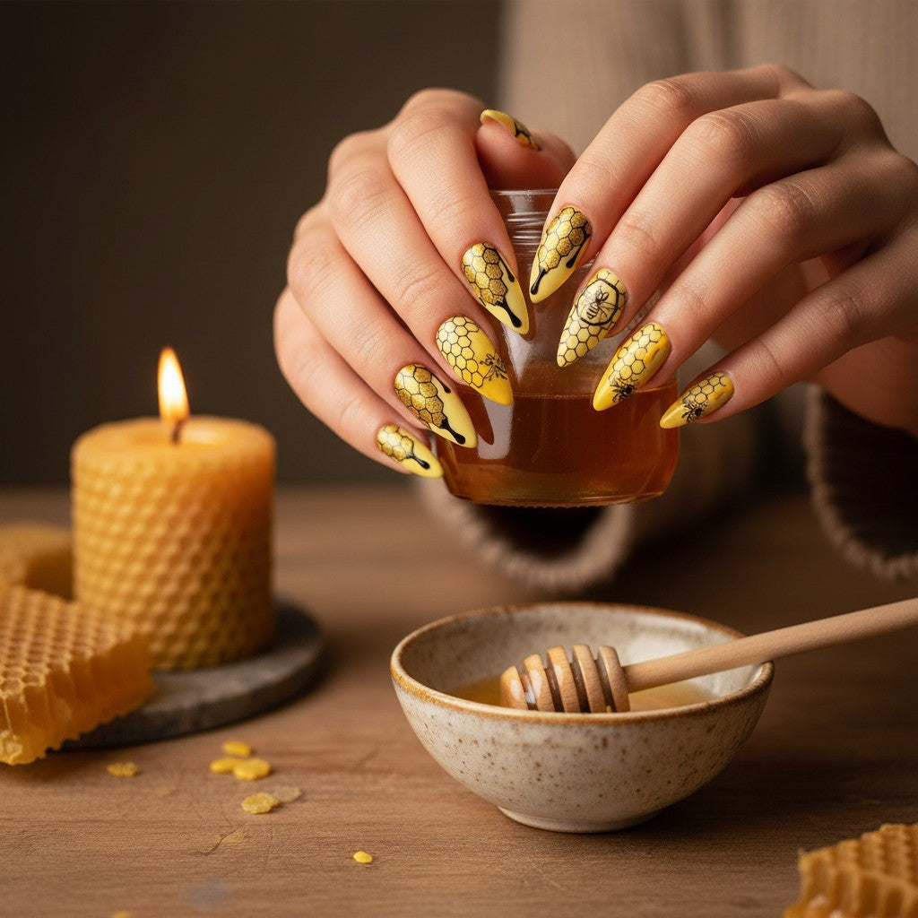 Auntie Cookies Nails: Set of 10 yellow and black stiletto press-on nails with honeycomb, bee, and dripping honey designs.