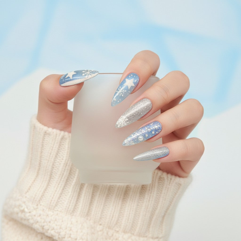 Auntie Cookies Nails Ice Queen press-on nails with snowflake and star designs in blue and white.