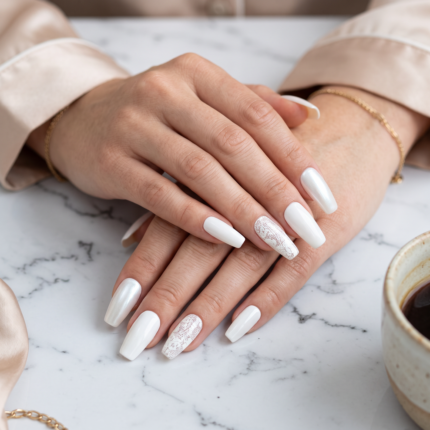 Auntie Cookies Nails ivory coffin press-on nails with pearlescent, glossy, and intricate lace accent designs on hands.