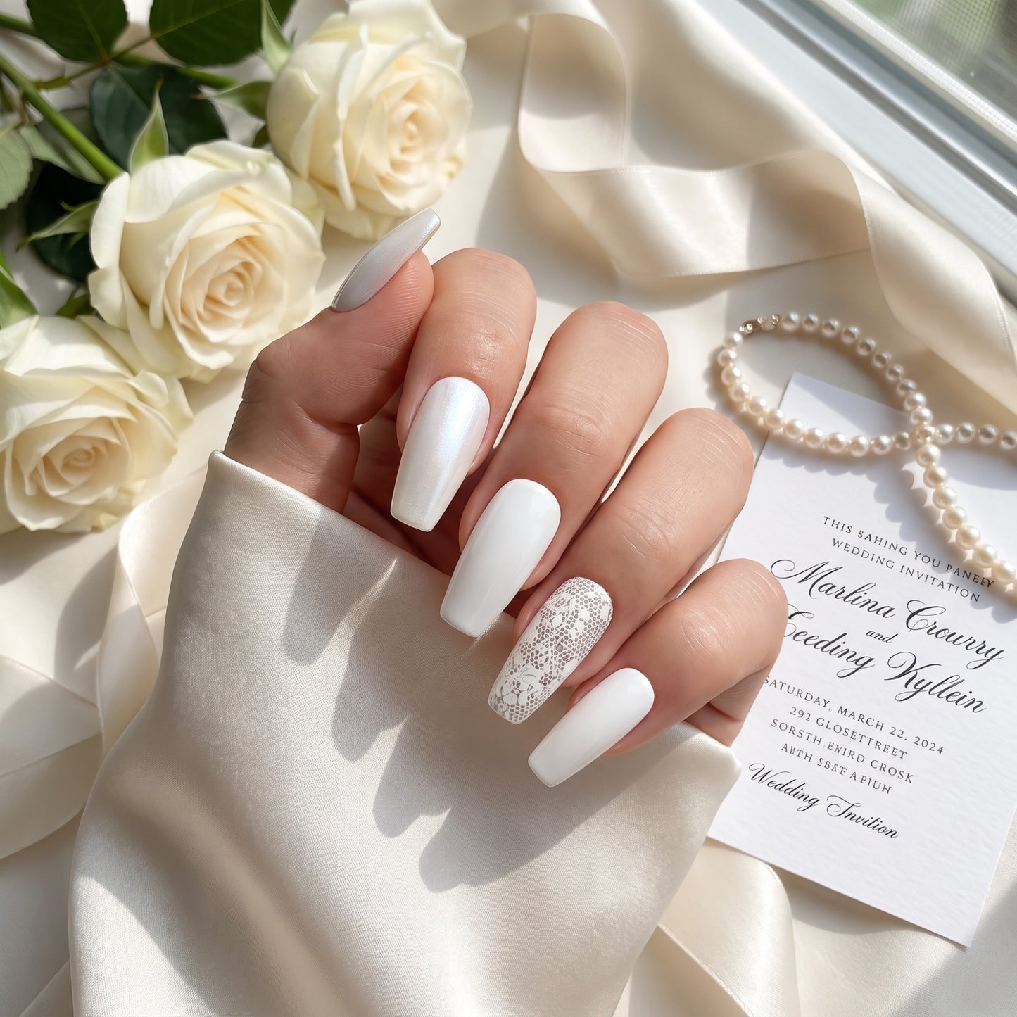Auntie Cookies Nails ivory coffin press-on nails with pearlescent, solid gloss, and intricate lace accent designs.