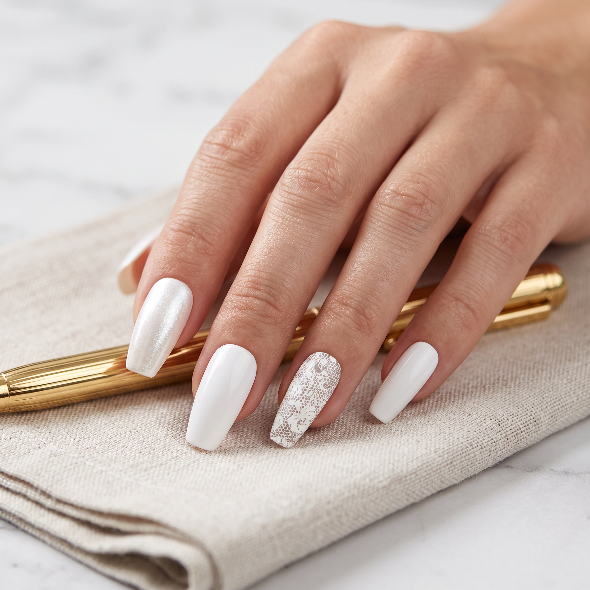 Auntie Cookies Nails ivory coffin press-on nails with pearlescent, solid gloss, and intricate lace accent designs.