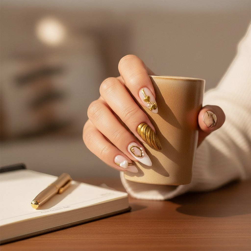 Auntie Cookies Nails opulent ivory press-on nails with gold accents and heart details, held by a hand grasping a mug.