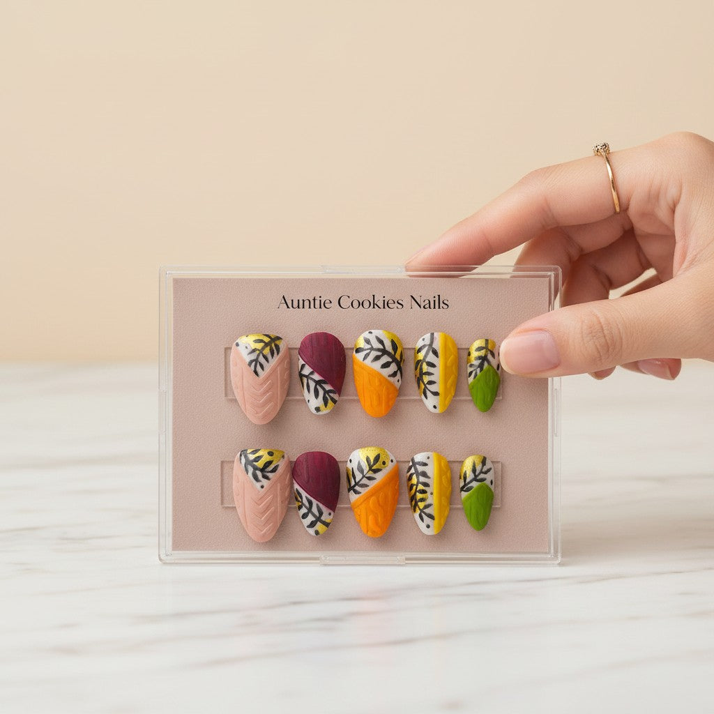 Auntie Cookies Nails: Set of 10 press-on nails in pink, burgundy, orange, yellow, and green with leaf and cable knit designs.
