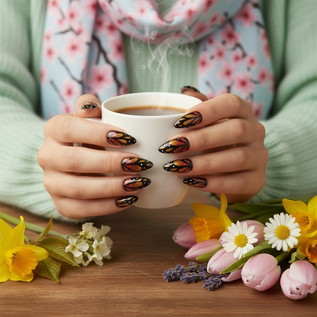 Auntie Cookies Nails almond press-on nails with orange and black monarch butterfly wing art and glitter accents.