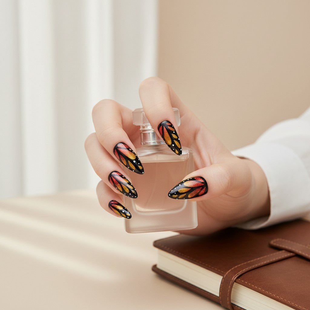 Auntie Cookies Nails monarch butterfly press-on nails with orange and gold cat eye glitter and black wing detailing.