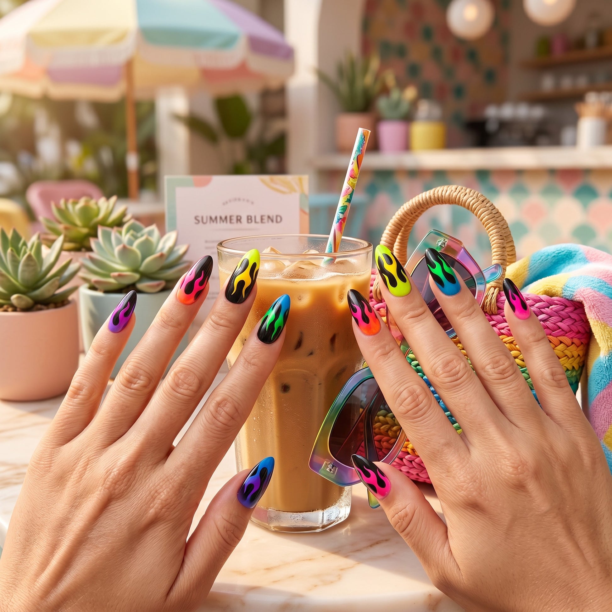 Auntie Cookies Nails almond press-on nails with black base and vibrant neon gradient flame designs in a cafe setting.