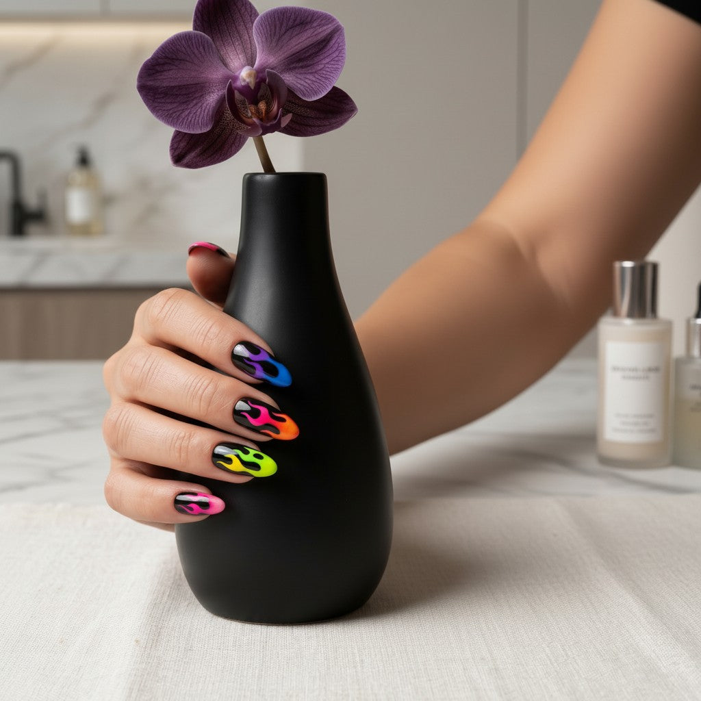 Auntie Cookies Nails almond press-on nails with black base and vibrant neon gradient flame art on a hand holding a vase