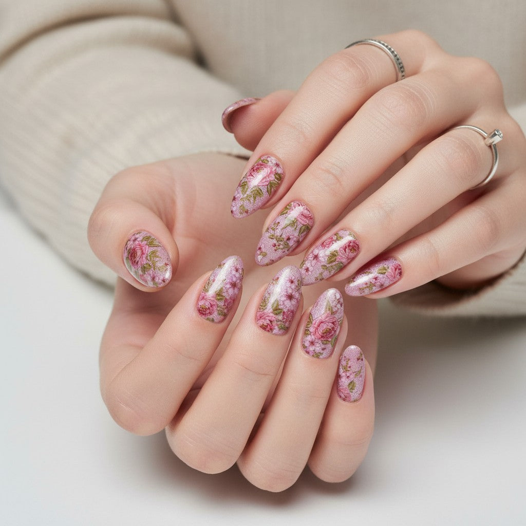 Auntie Cookies Nails Petal Prism Press On Nails feature a pink floral design with roses and blossoms on an iridescent pink base. Almond shape.