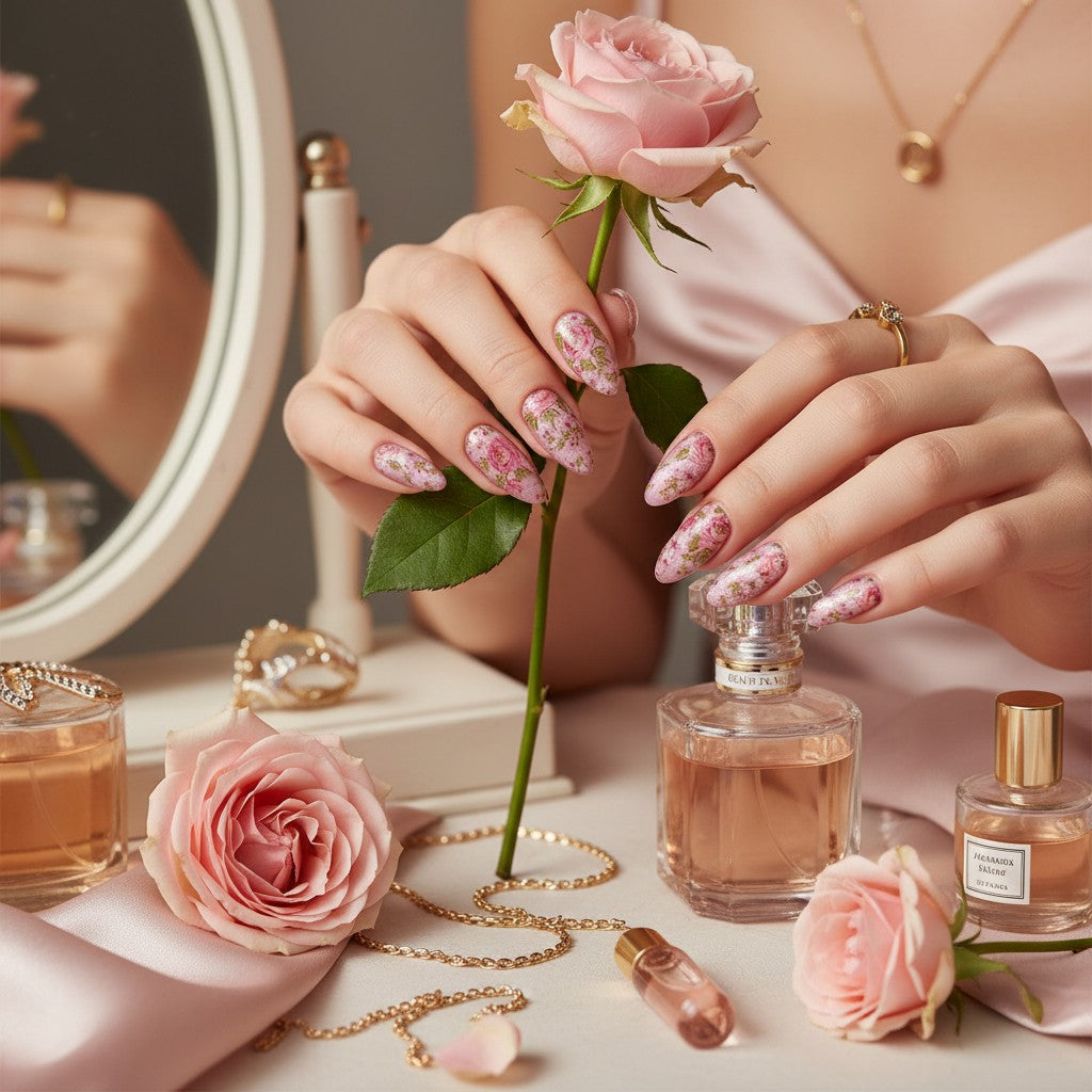 Auntie Cookies Nails Petal Prism Press On Nails feature a delicate pink rose floral design on an iridescent pink base. Almond shape.
