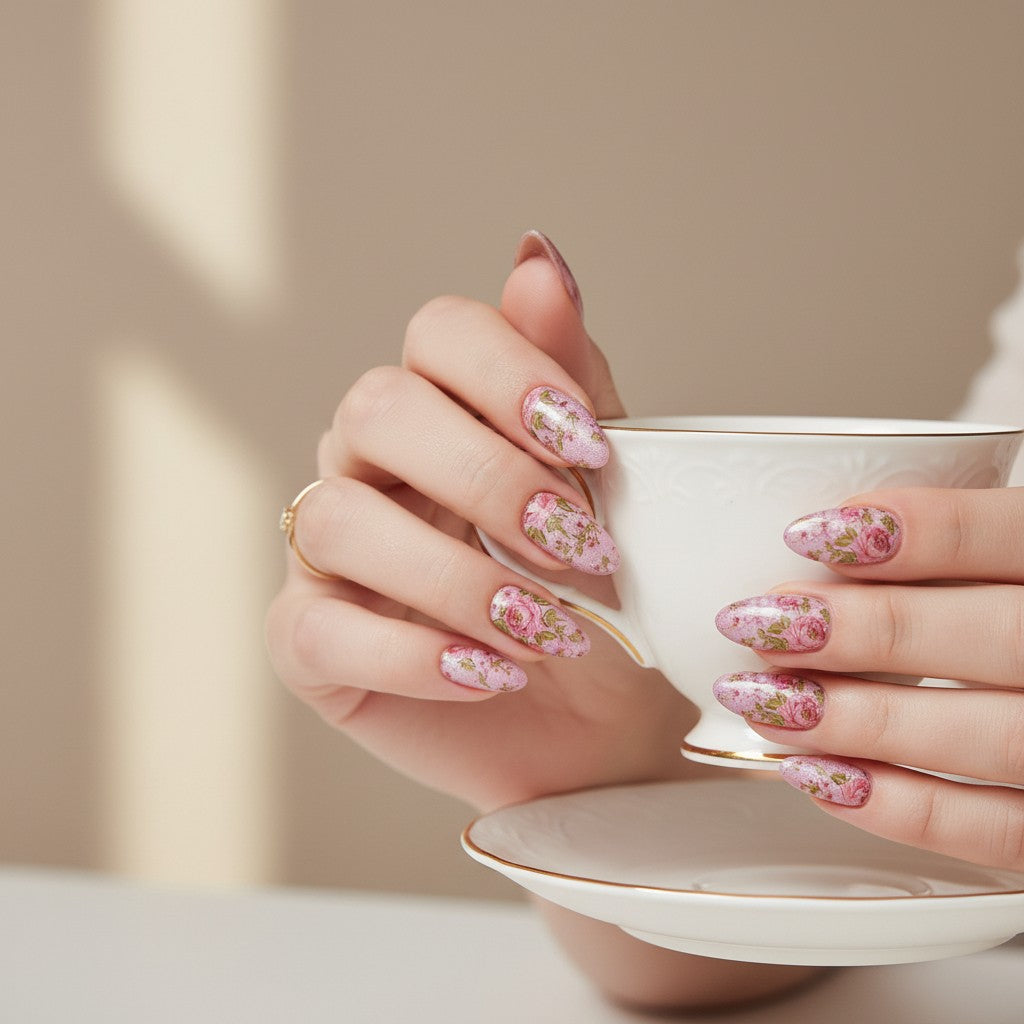Auntie Cookies Nails Petal Prism Press On Nails feature a delicate pink rose floral design on an iridescent pink base. Almond shape.