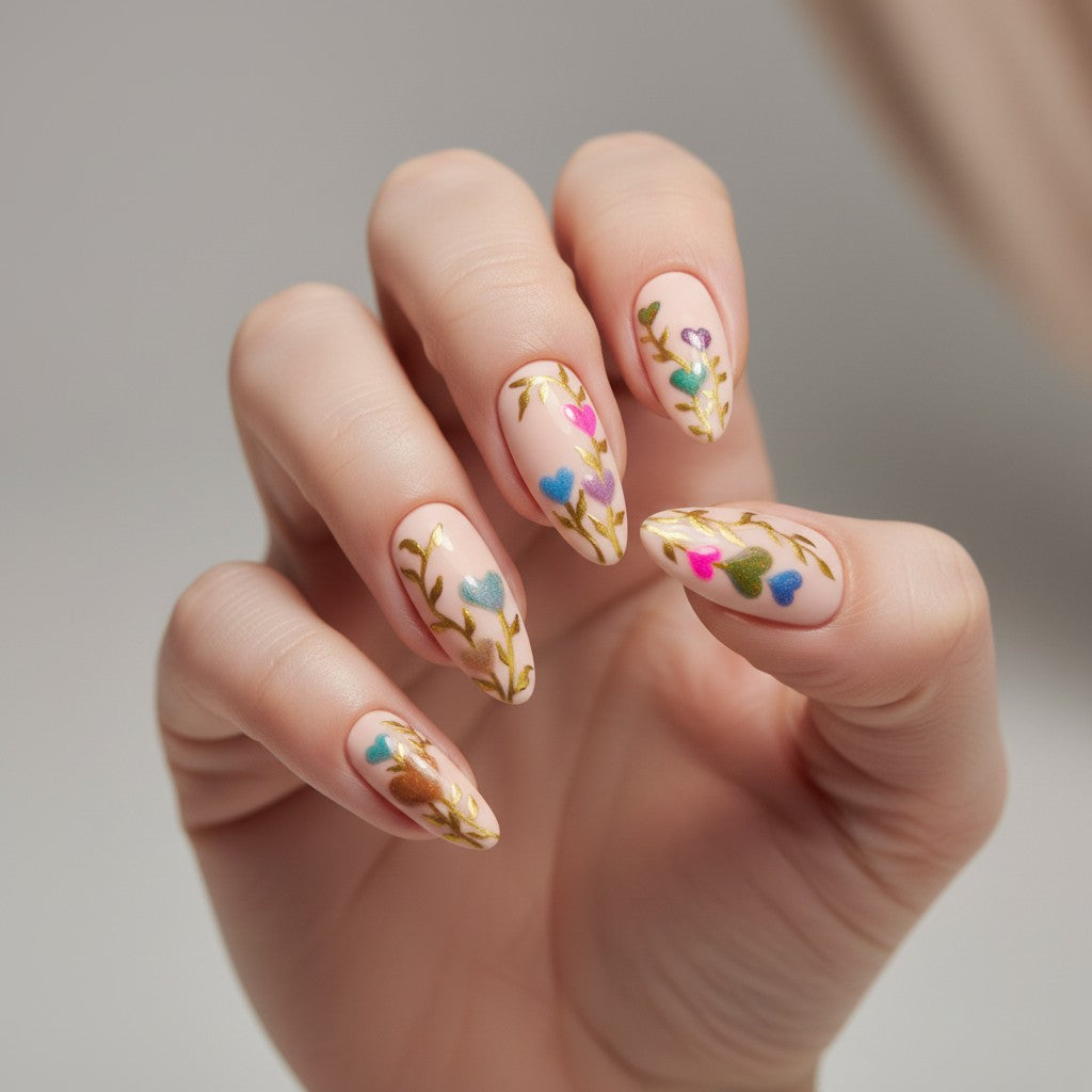 Auntie Cookies Nails: Set of 5 light pink press-on nails with gold vine accents and heart-shaped embellishments in blue, brown, pink, purple, and green.