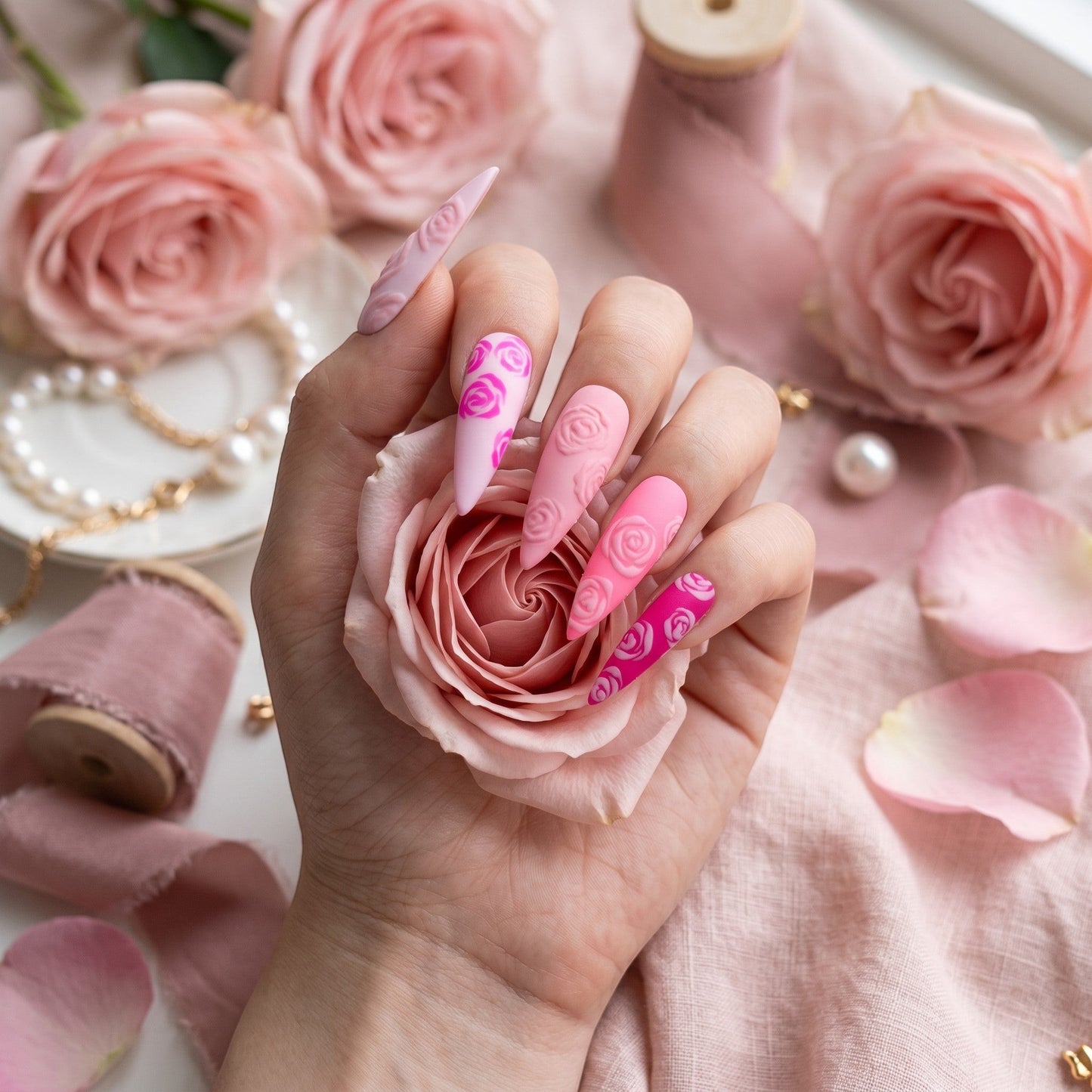 Auntie Cookies Nails almond-shaped press-on nails in a pink gradient with 3D embossed rose designs and matte finish.