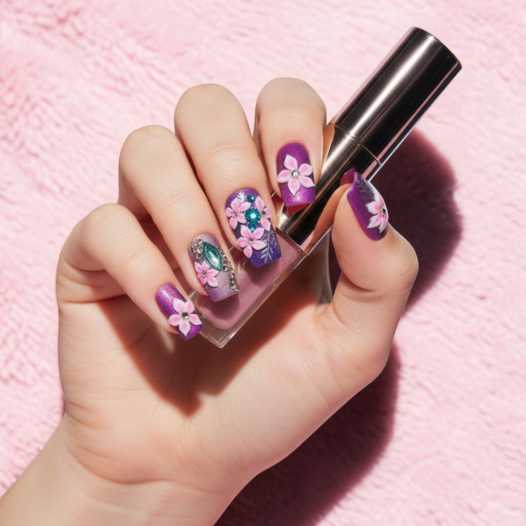 Auntie Cookies Nails purple and rose gold press on nails with 3D pink flowers, turquoise gems, silver leaves, and rhinestones.