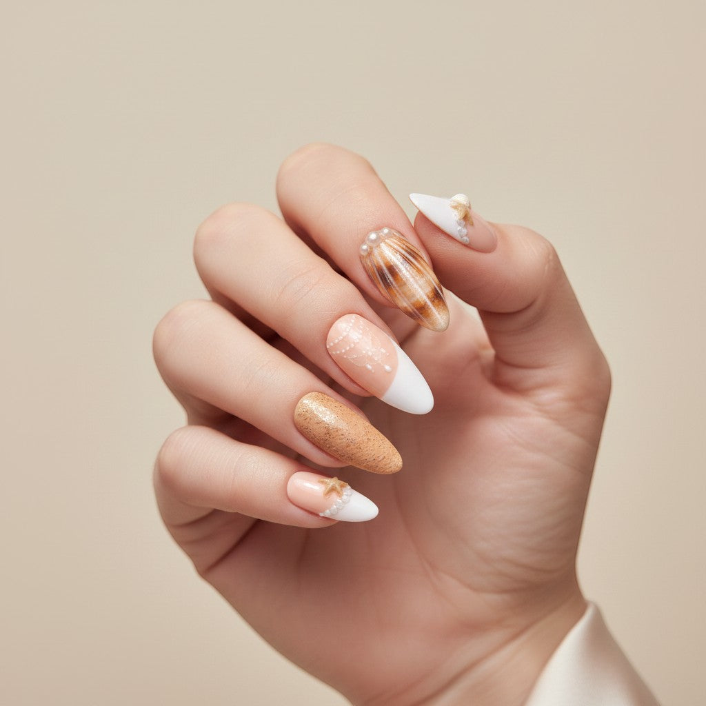 Auntie Cookies Nails: Almond press-on nails with seashell, pearl, and starfish accents in sandy beige, white, and gold.