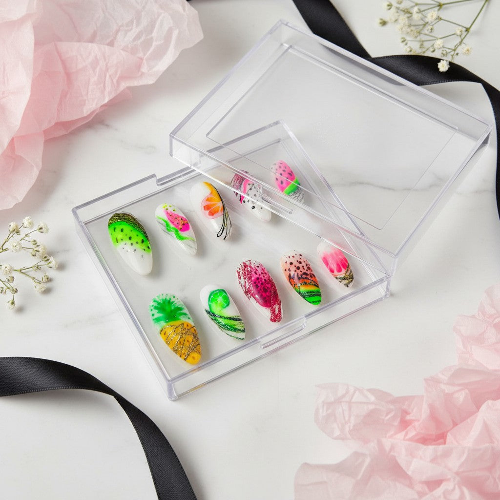Auntie Cookies Nails: Abstract fruit press-on nails with watermelon, pineapple, lime, and citrus designs. Neon colors and glitter accents.
