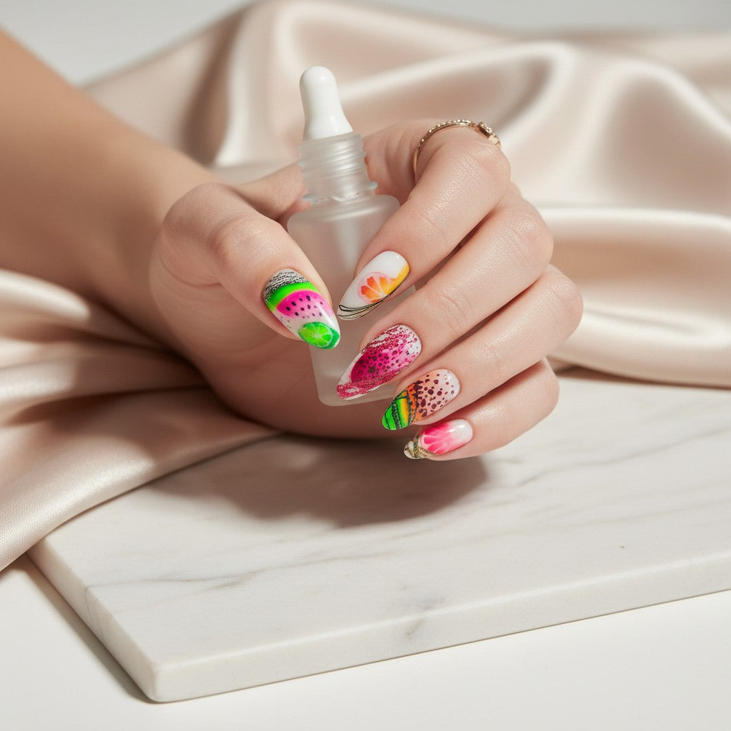 Auntie Cookies Nails abstract fruit press-on nails with watermelon, pineapple, lime, and citrus designs. Neon colors and glitter accents.