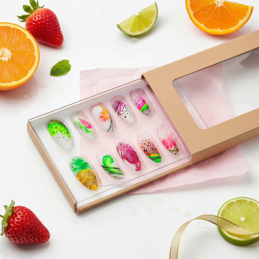 Auntie Cookies Nails: Abstract fruit press-on nails featuring watermelon, pineapple, lime, and citrus designs with glitter accents.
