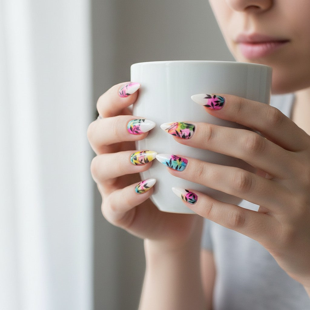 Auntie Cookies Nails: Woman's hands with almond-shaped press-on nails featuring a colorful watercolor botanical leaf design.
