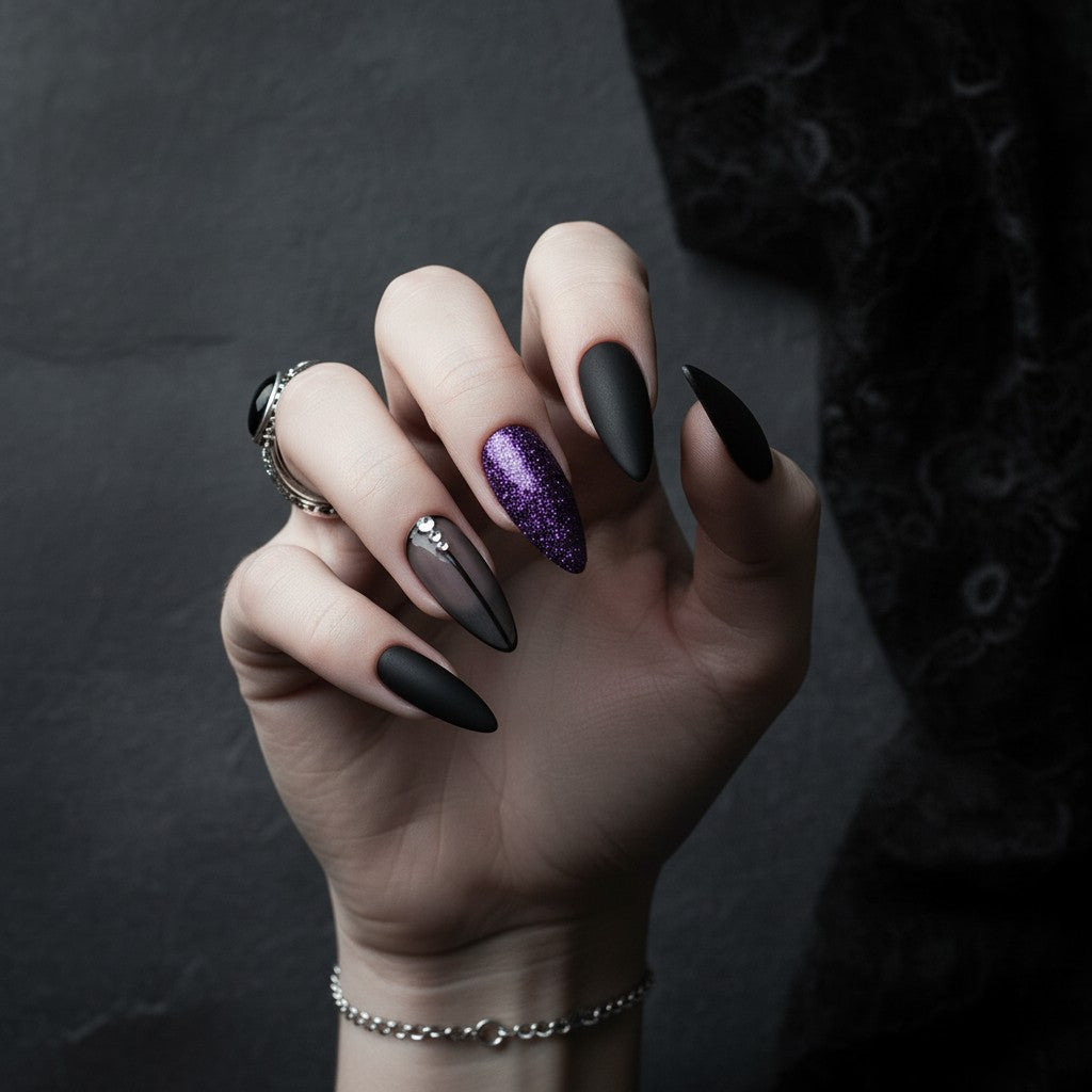 Auntie Cookies Nails: Almond-shaped press-on nails in matte black, sheer grey with rhinestones, purple glitter, and dark purple stripes.