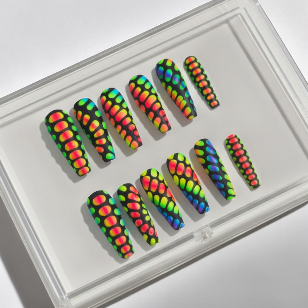 Auntie Cookies Nails set of 10 matte black coffin press-on nails with a vibrant rainbow scale pattern and iridescent shimmer.