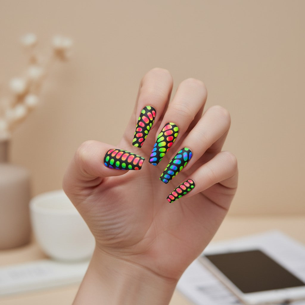 Auntie Cookies Nails set of stiletto press-on nails with a black base and a vibrant, abstract rainbow pattern resembling scales or bubbles.