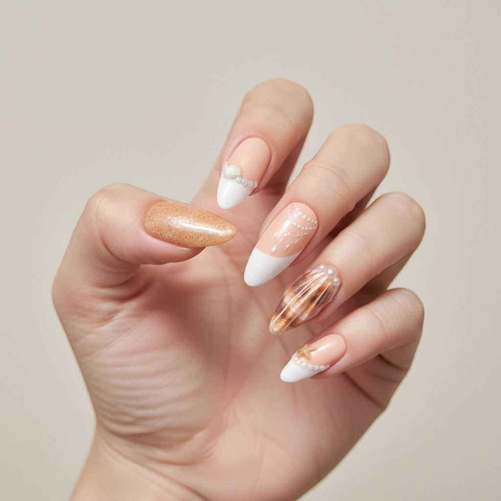 Auntie Cookies Nails: Almond press-on nails with a sandy glitter accent, white French tips, pearl details, and seashell designs.