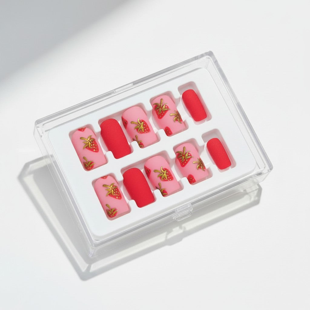 Auntie Cookies Nails: Set of matte pink and red press-on nails with gold strawberry designs.
