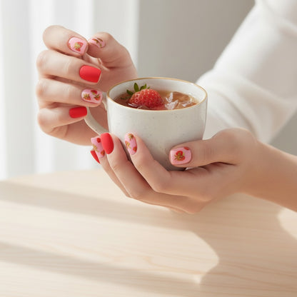 Auntie Cookies Nails matte red and pink press-on nails with strawberry designs, held by a person holding a cup of iced tea with a strawberry.