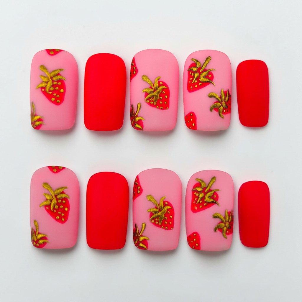 Auntie Cookies Nails matte pink and red press-on nails with gold and red strawberry designs.