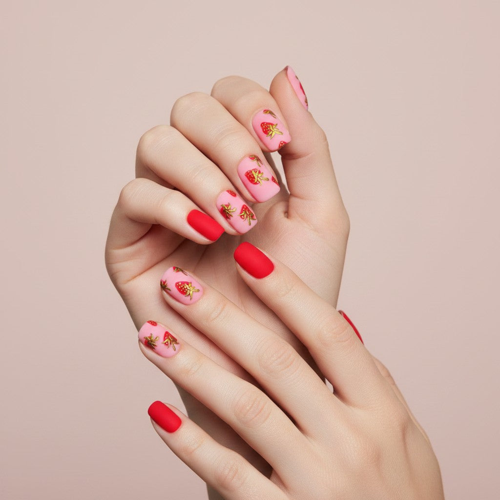 Auntie Cookies Nails matte pink and red press-on nails with strawberry designs and gold accents.