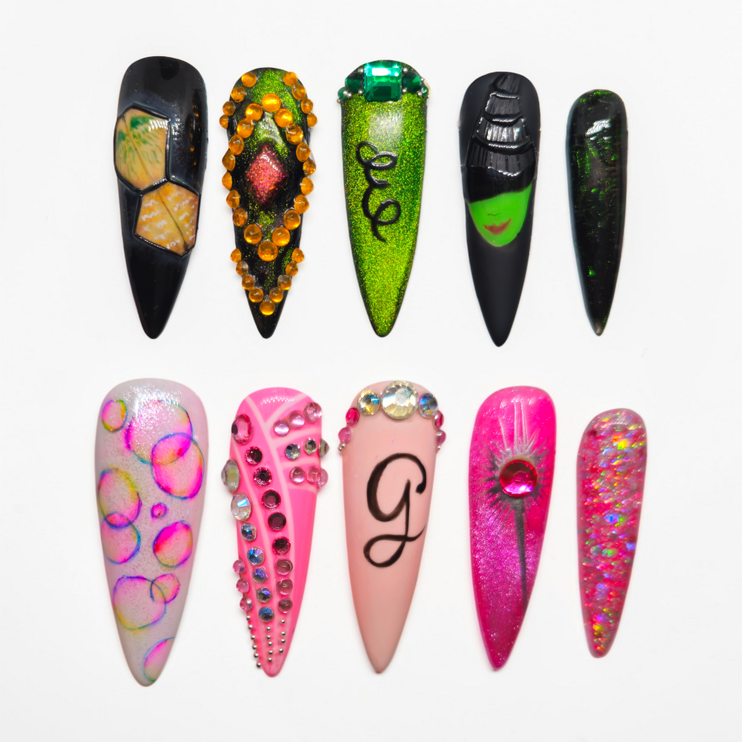 Auntie Cookies Nails: Set of 5 wicked press-on nails with unique designs including glitter, gems, and Halloween themes.